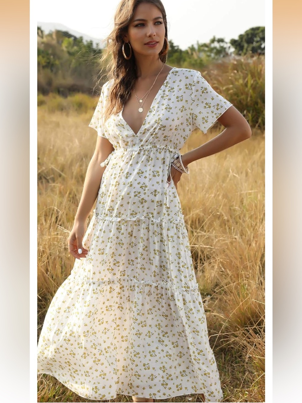 Long Summer Maxi Sundress Floral Ruffle Boho White Slit Dress Deep V Neck